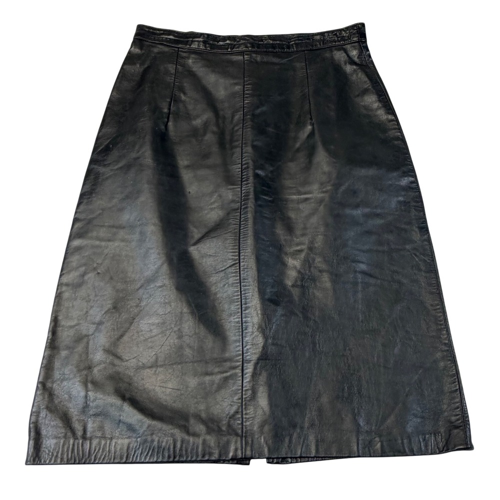 VTG G-III Leather Fashions Black Genuine Leather Skirt M Made in USA A-Line Midi
